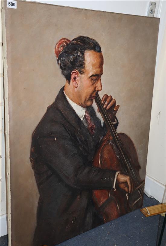 Sangnomy, oil on canvas, Portrait of a cellist, signed, 92 x 72cm, unframed